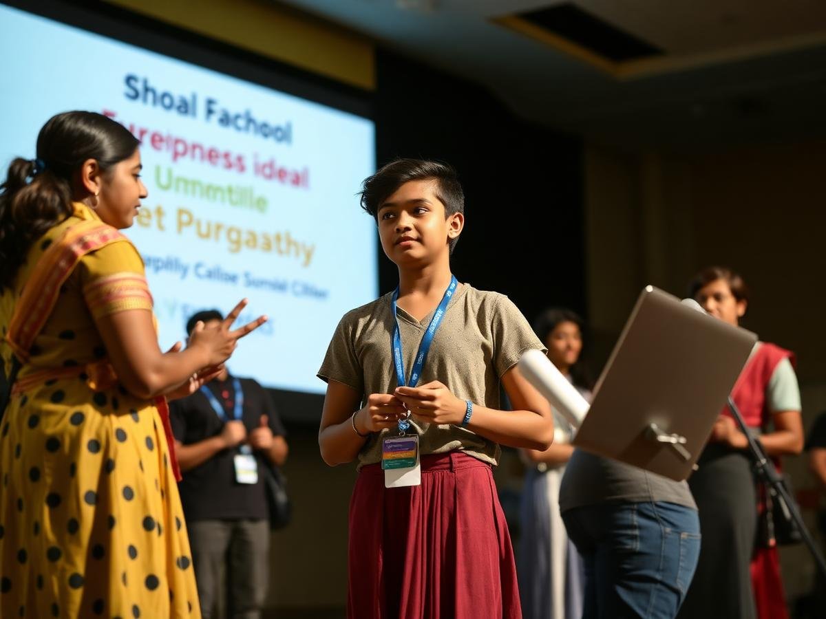 Students presenting at a school summit
